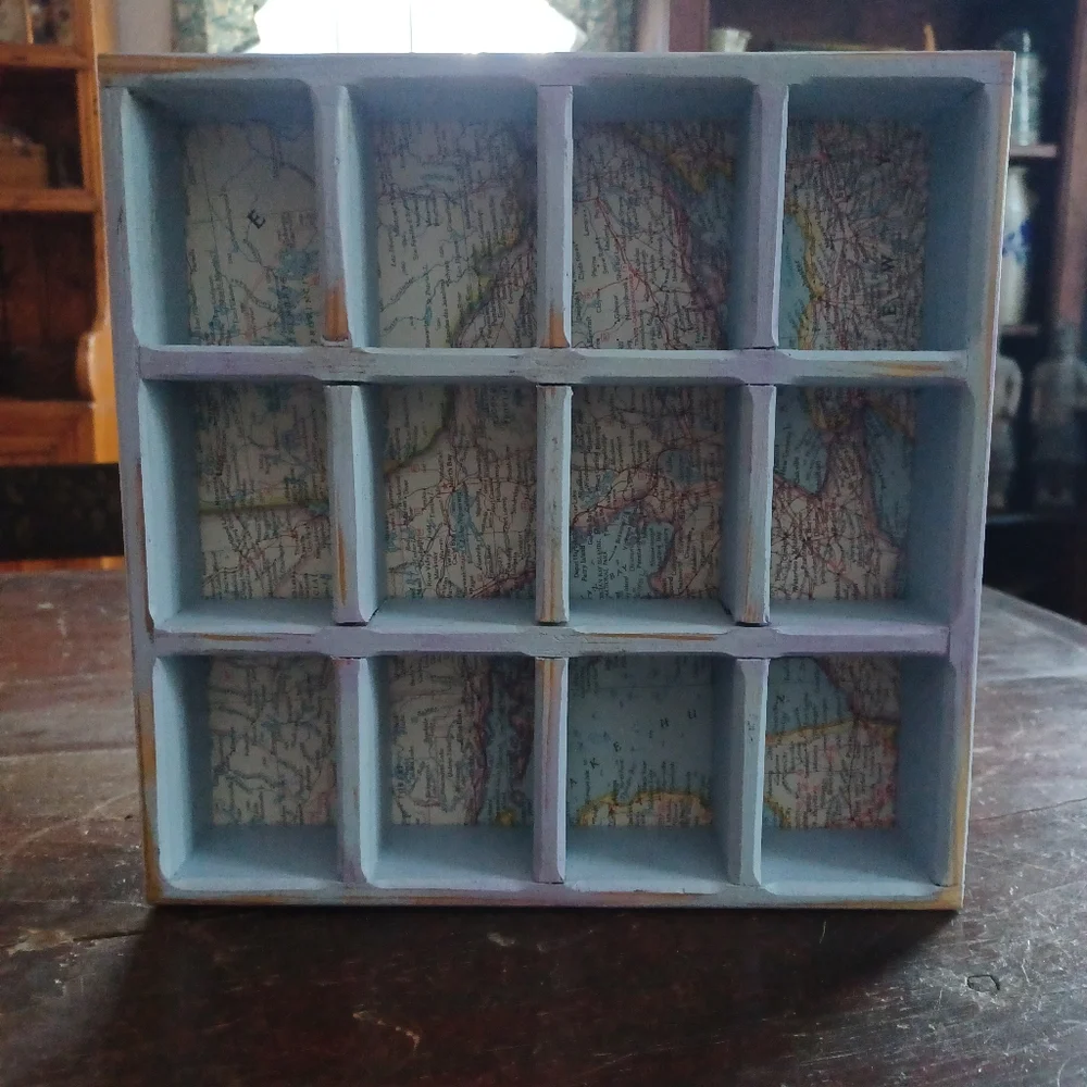 Handmade blue wooden mini wall curio display shelf w/ vintage road maps